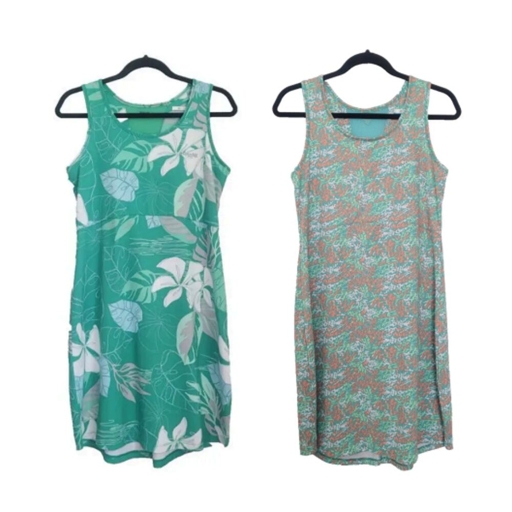 Lot of 2 Columbia Women's PFG Midi Dresses Size M Green Tropical Beach Resort